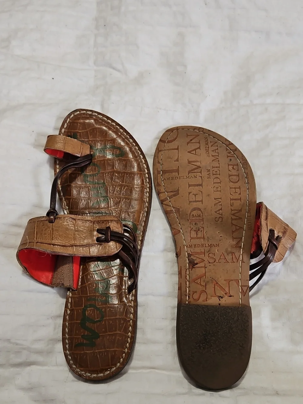 Sam Edelman Tan Croc-Embossed Leather Slide Sandals with Red Accents